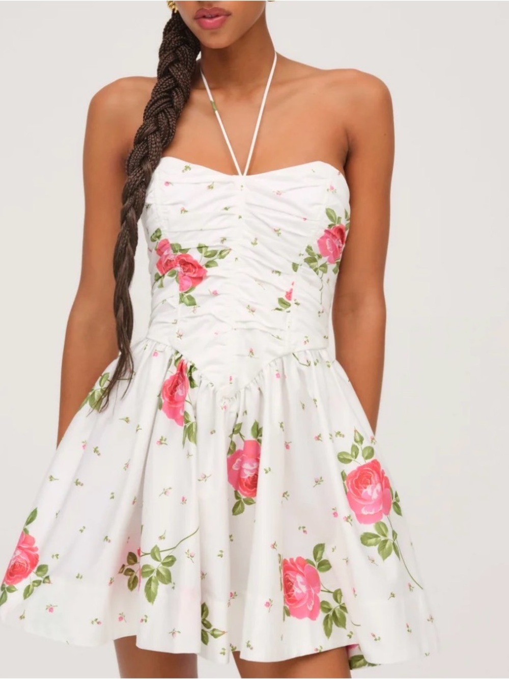 For Love & Lemons White Strapless Dress with Pink Rose Print